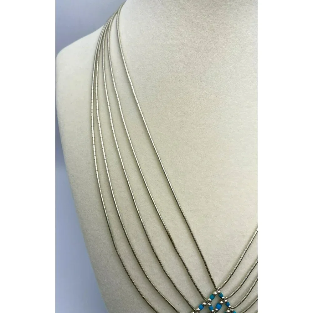 Native American Liquid Silver Woven Turquoise Beaded Necklace 18" Vintage 17.4g - Picture 4 of 9